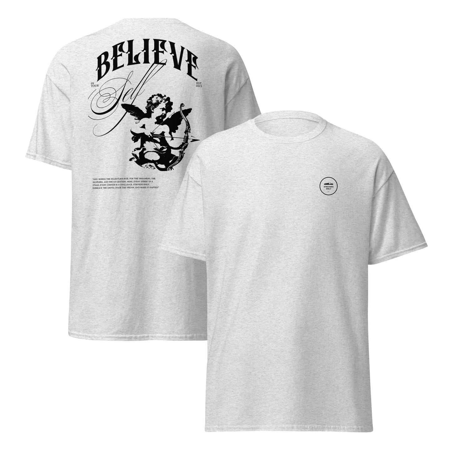 Believe in Yourself motivational t-shirt, black and white graphic tee, unisex design for confidence and success.