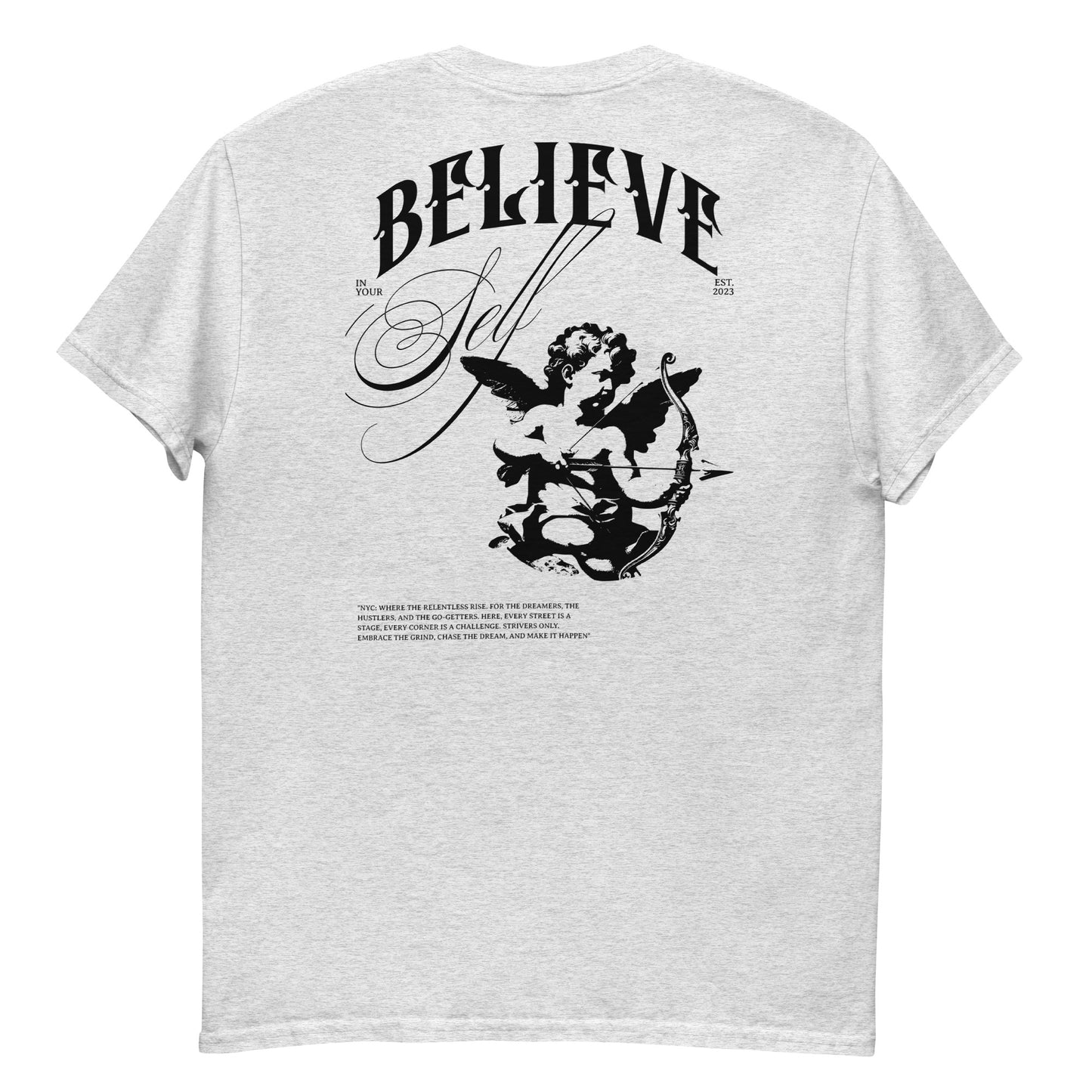 Believe in Yourself motivational t-shirt, black and white graphic tee, unisex design for confidence and success.