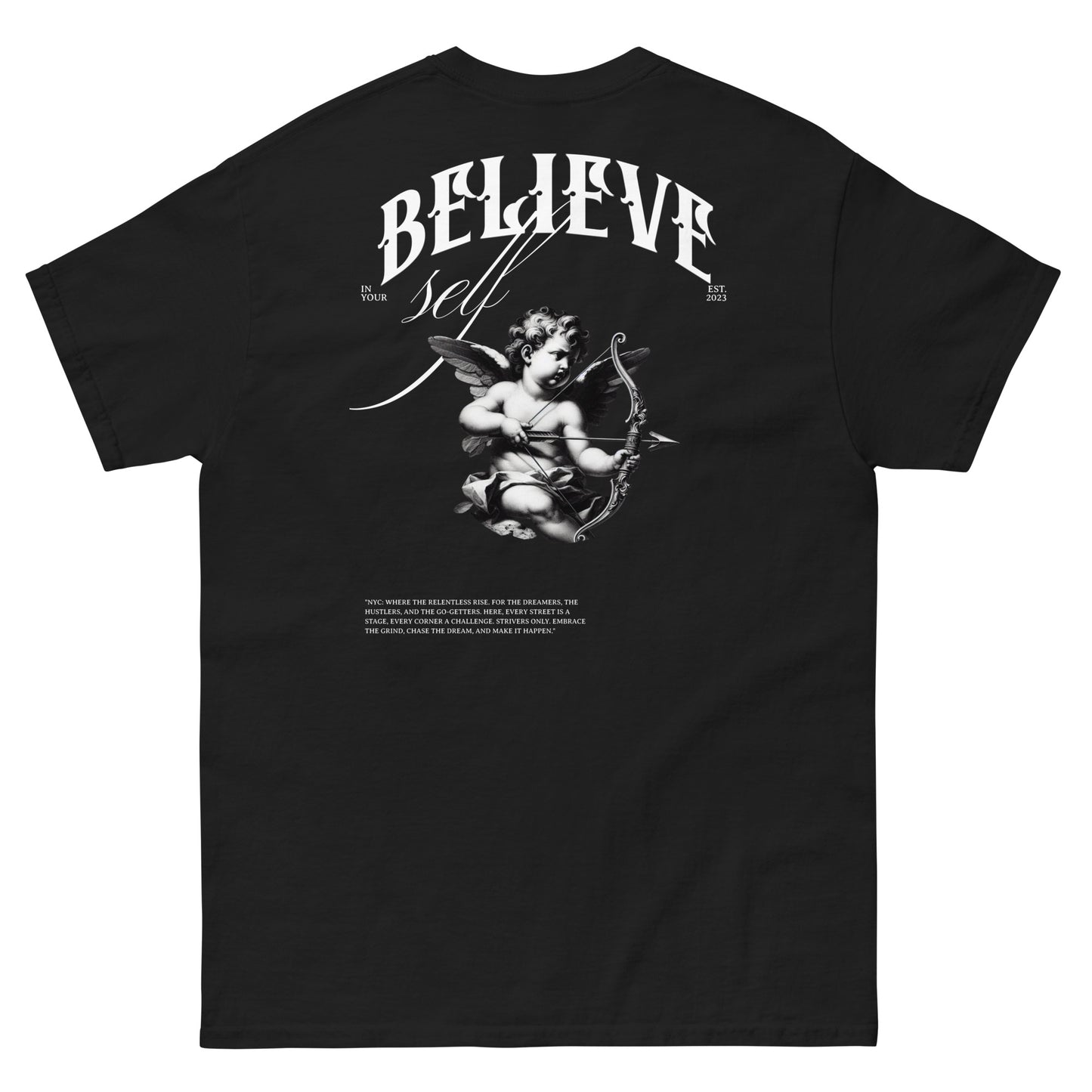 Believe in Yourself motivational t-shirt, black and white graphic tee, unisex design for confidence and success.