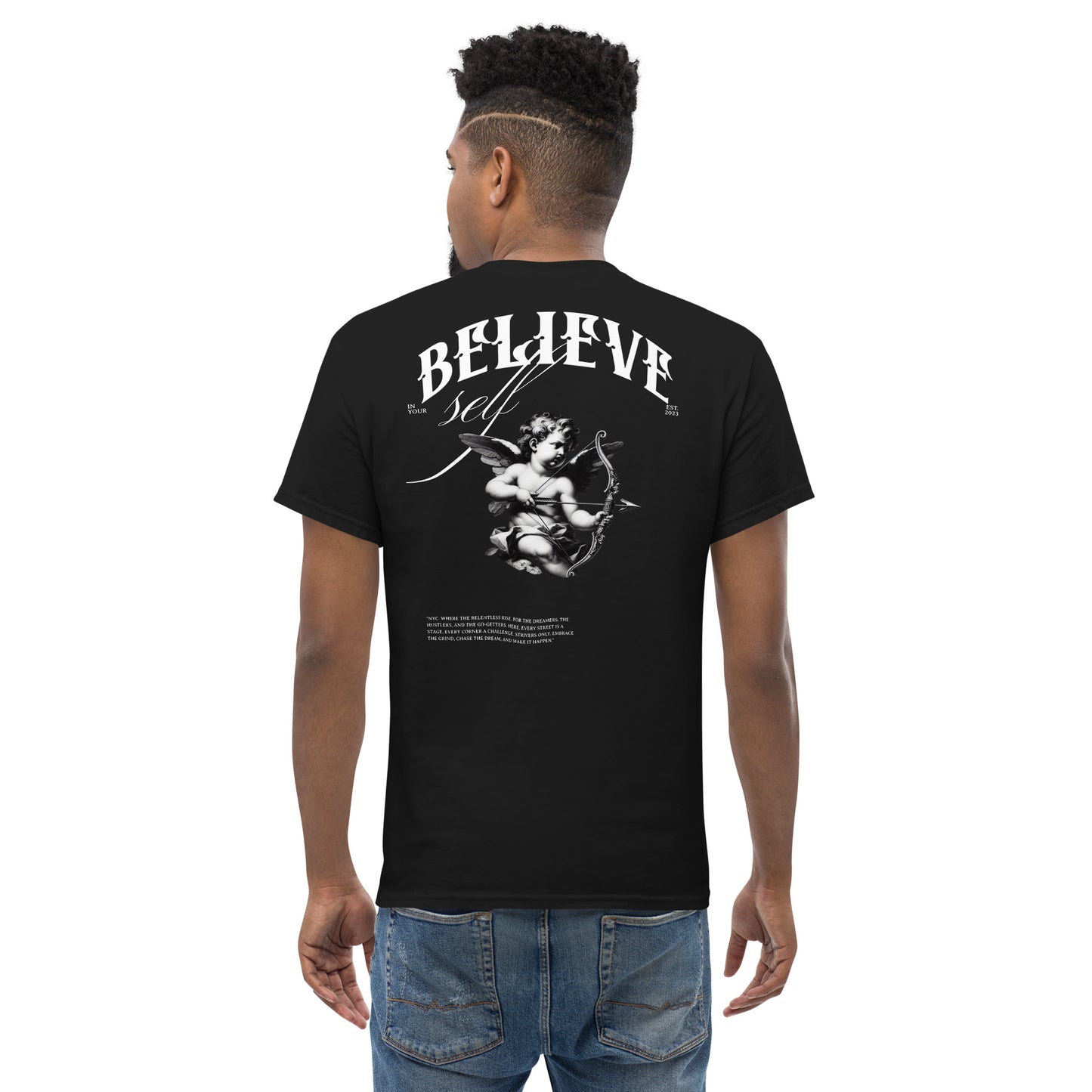 Believe in Yourself motivational t-shirt, black and white graphic tee, unisex design for confidence and success.