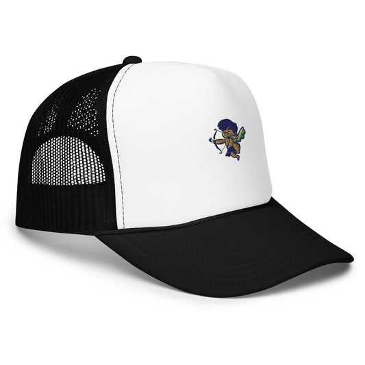 Cherub logo foam trucker hat, classic snapback cap for urban streetwear fashion.