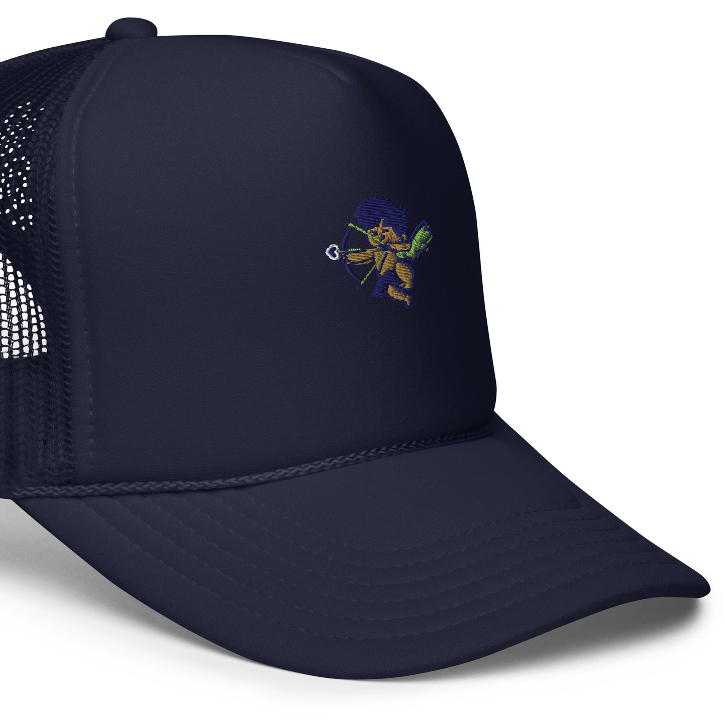 Cherub logo foam trucker hat, classic snapback cap for urban streetwear fashion.