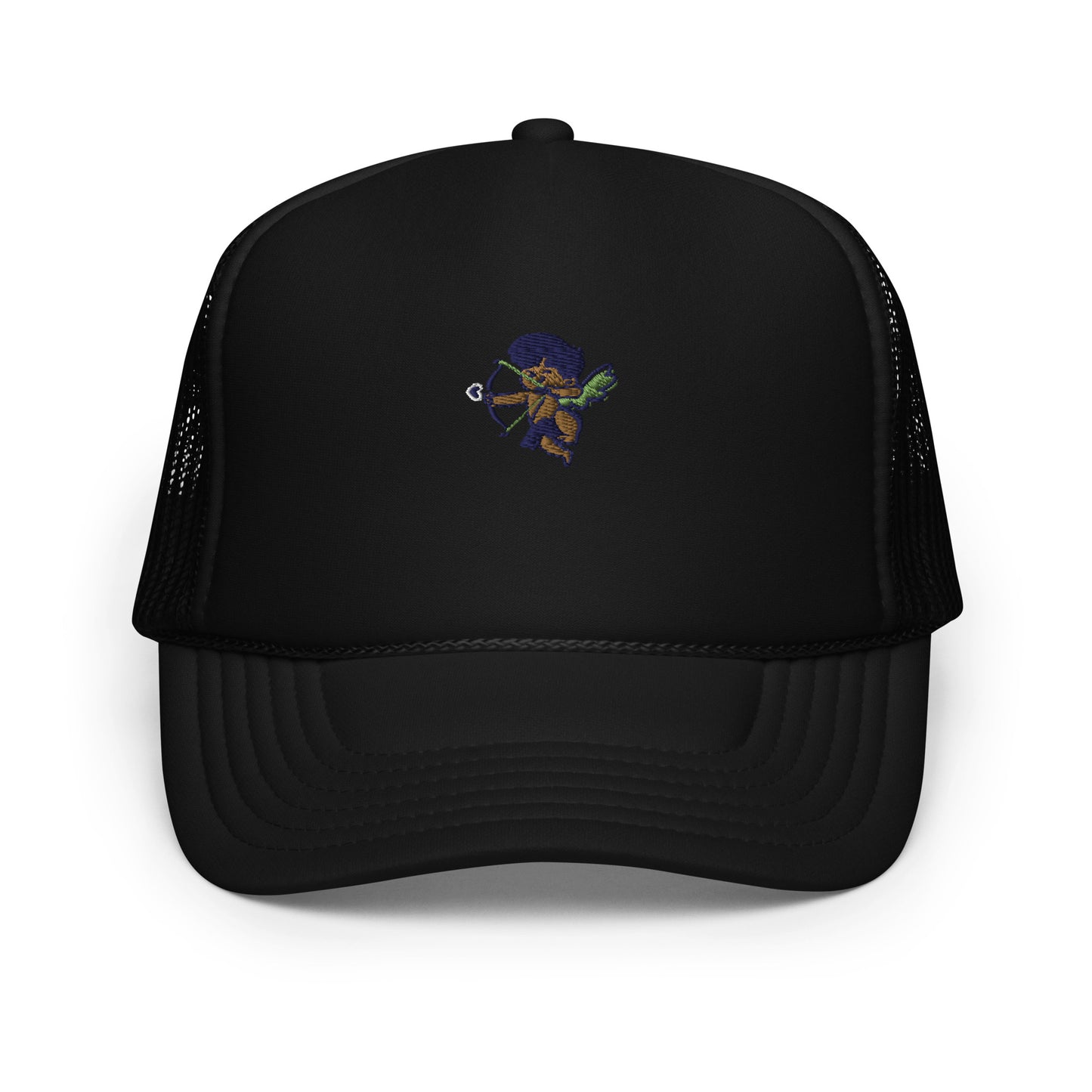 Cherub logo foam trucker hat, classic snapback cap for urban streetwear fashion.