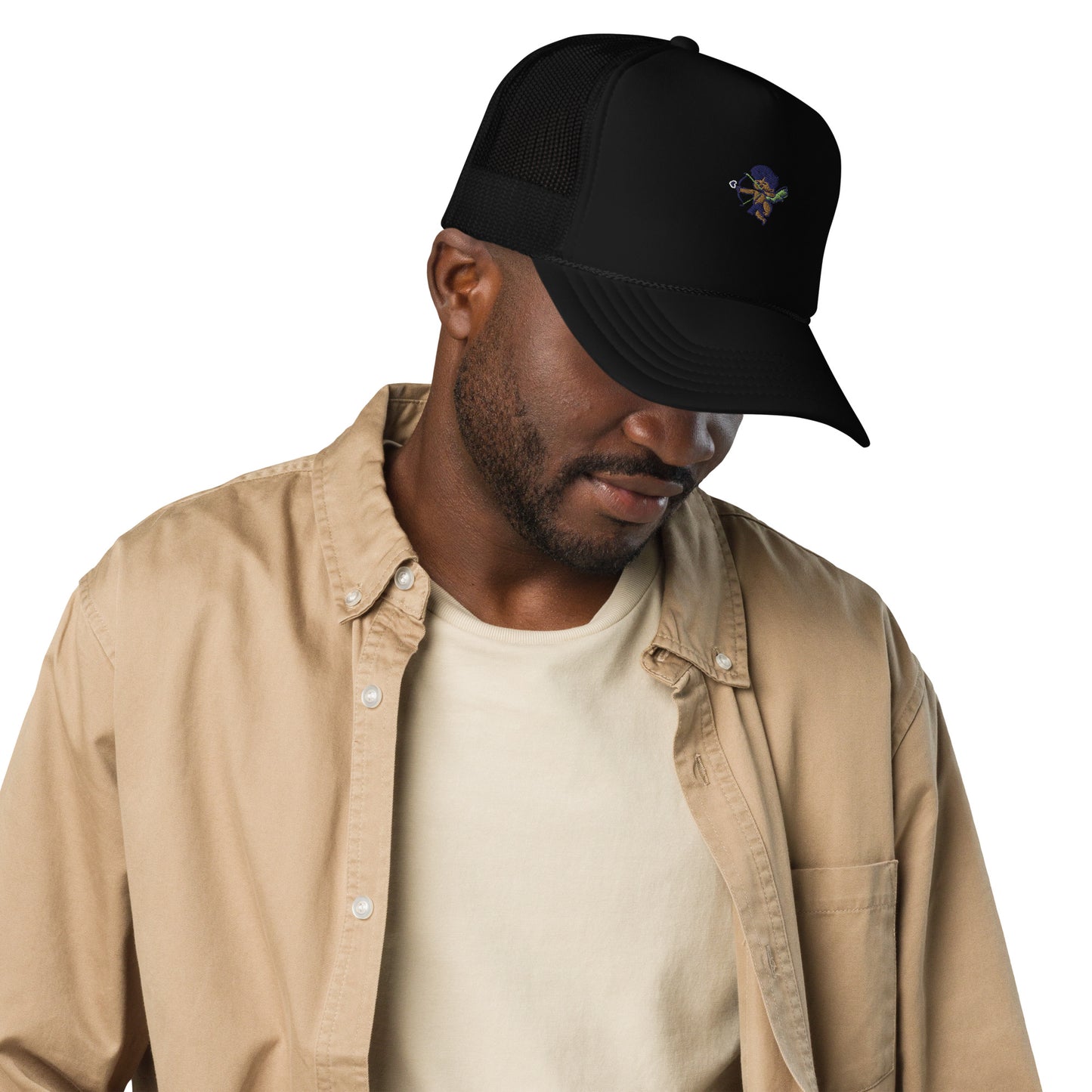 Cherub logo foam trucker hat, classic snapback cap for urban streetwear fashion.