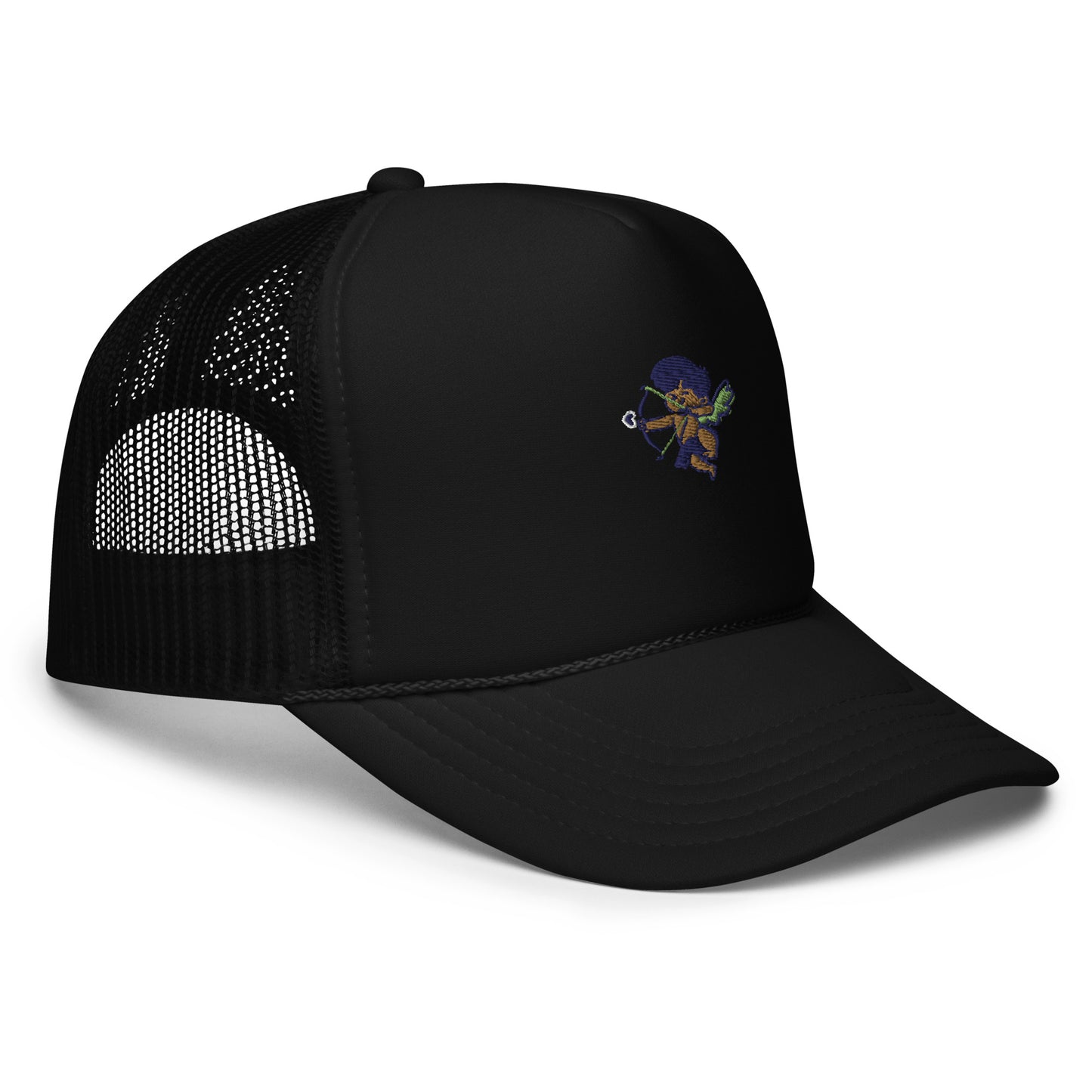 Cherub logo foam trucker hat, classic snapback cap for urban streetwear fashion.