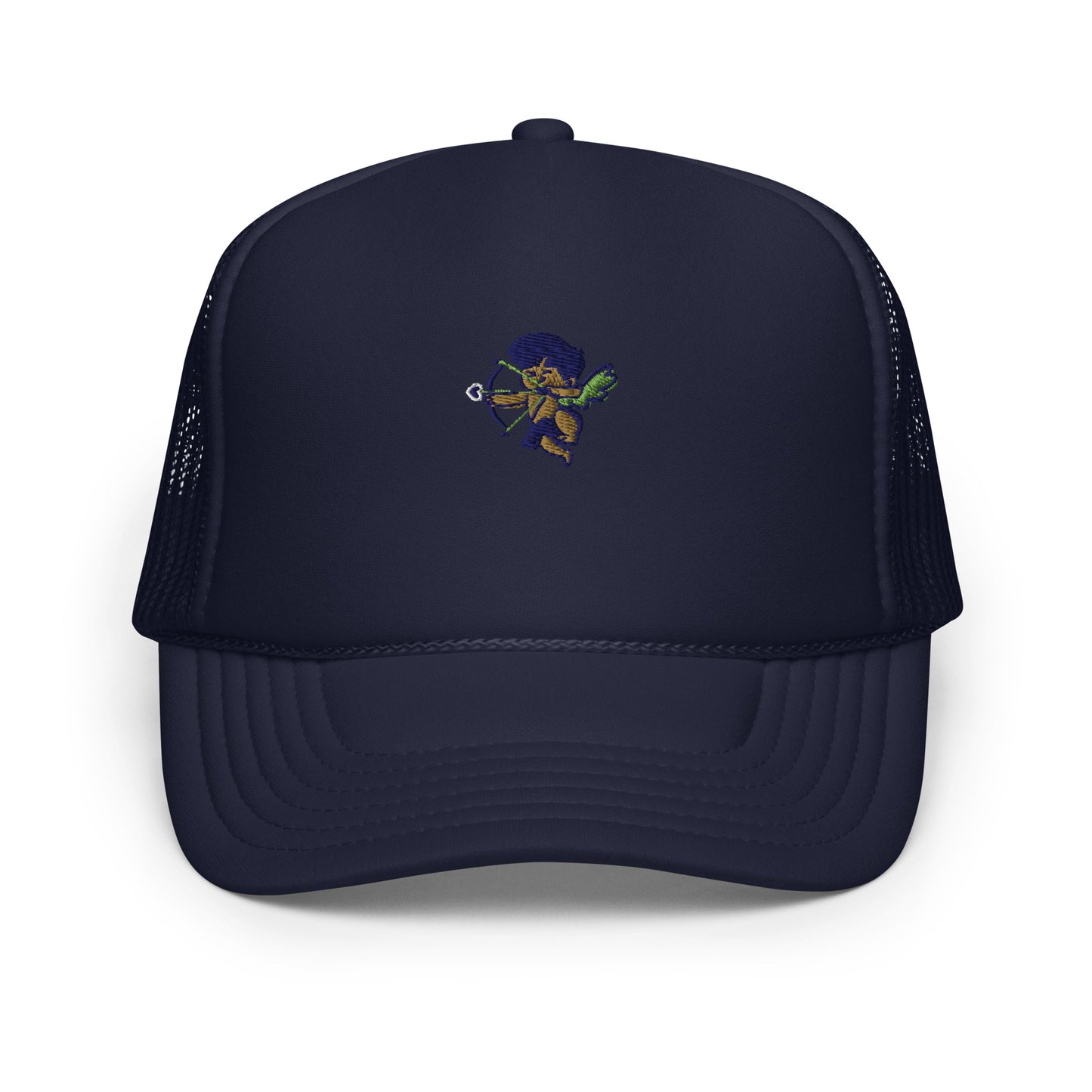 Cherub logo foam trucker hat, classic snapback cap for urban streetwear fashion.