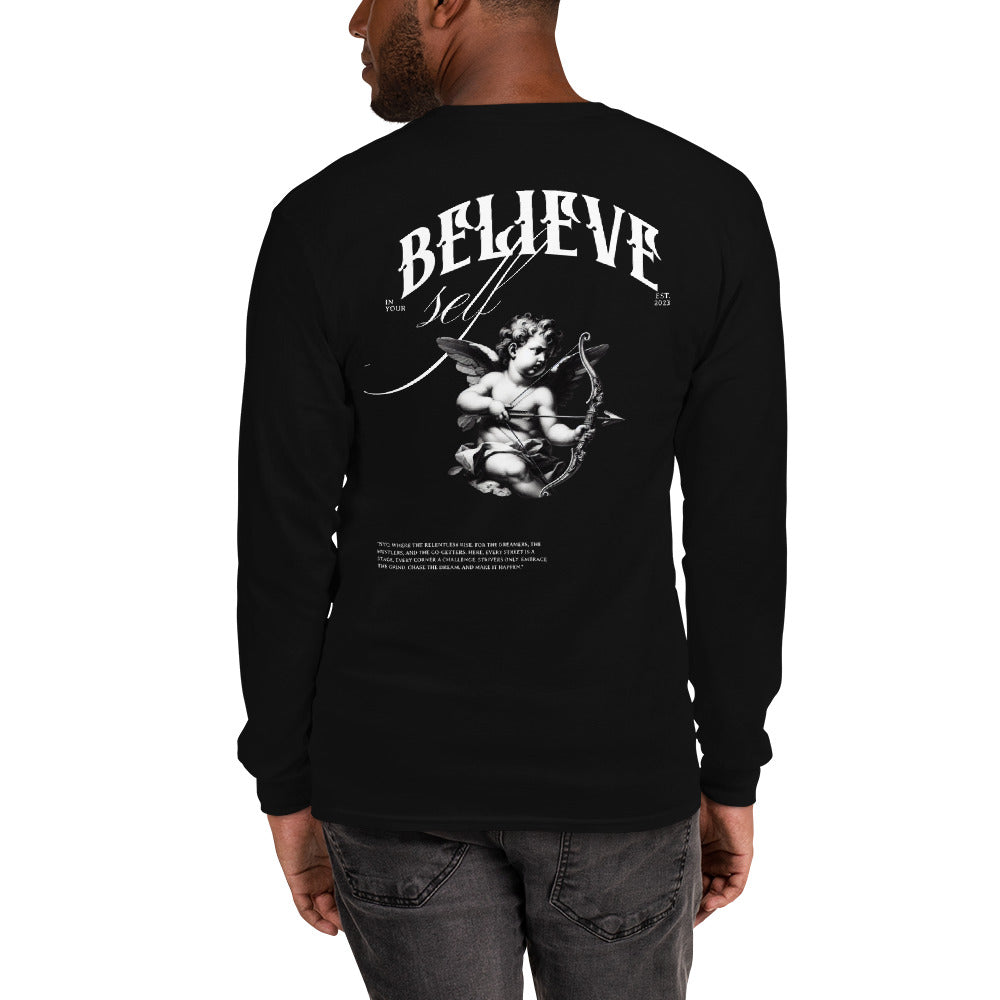 Believe in Yourself motivational long sleeve shirt in black and white, unisex fit.