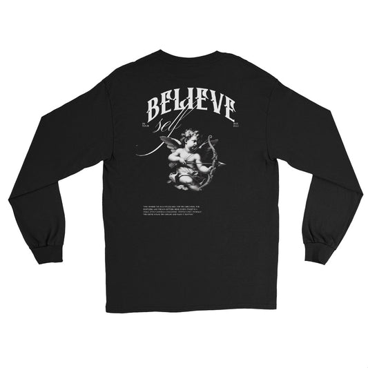 Believe in Yourself motivational long sleeve shirt in black and white, unisex fit.