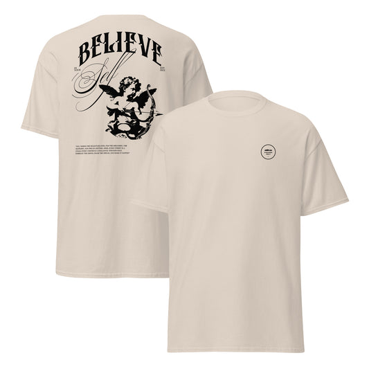 Believe in Yourself motivational t-shirt, black and white graphic tee, unisex design for confidence and success.Product mockup
