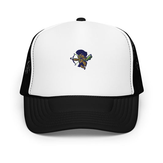 Cherub logo foam trucker hat, classic snapback cap for urban streetwear fashion.