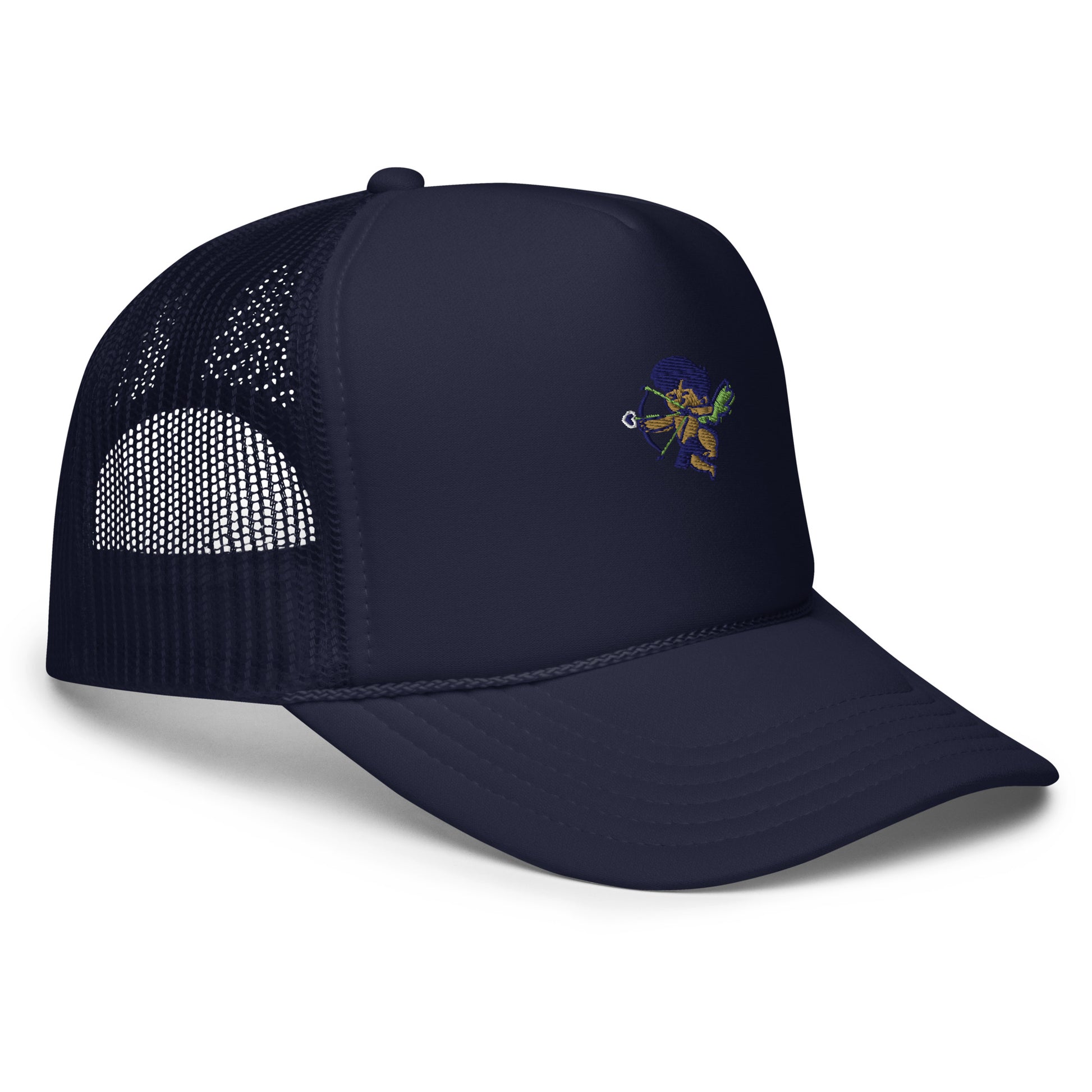Cherub logo foam trucker hat, classic snapback cap for urban streetwear fashion.