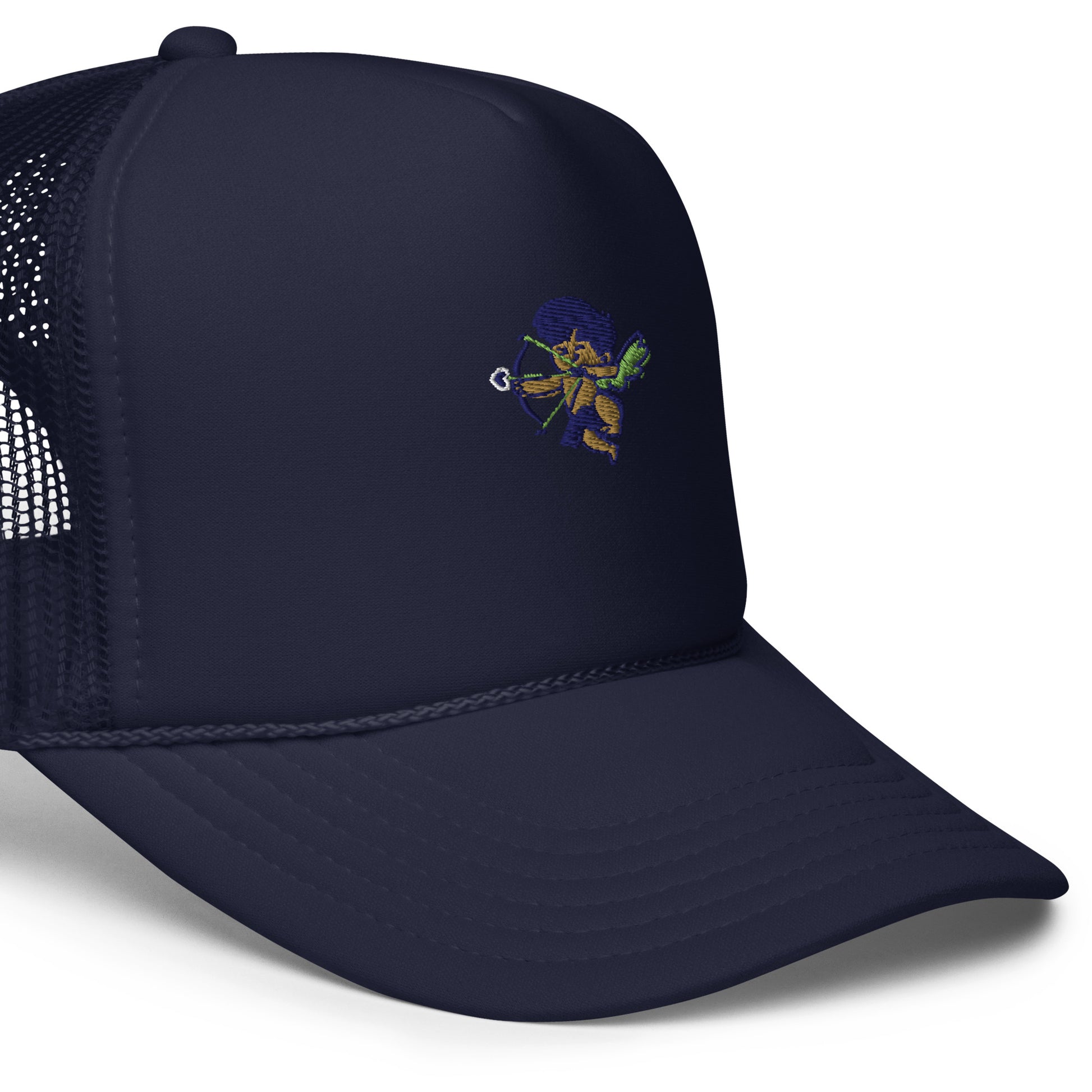 Cherub logo foam trucker hat, classic snapback cap for urban streetwear fashion.
